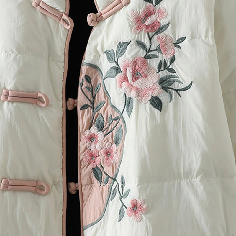 Buddha Stones Peach Blossom Embroidery Frog-Button Long Sleeve Thermal Women's Jacket With Pockets