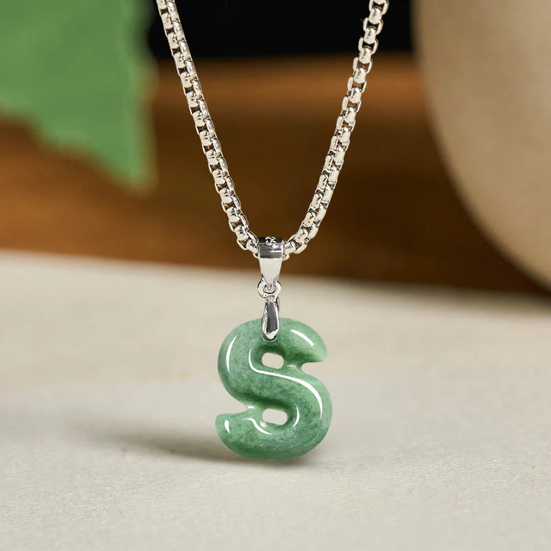 Buddha Stones Natural A-Z Letter Jade Titanium Steel Wide Chain Prosperity Necklace Pendant