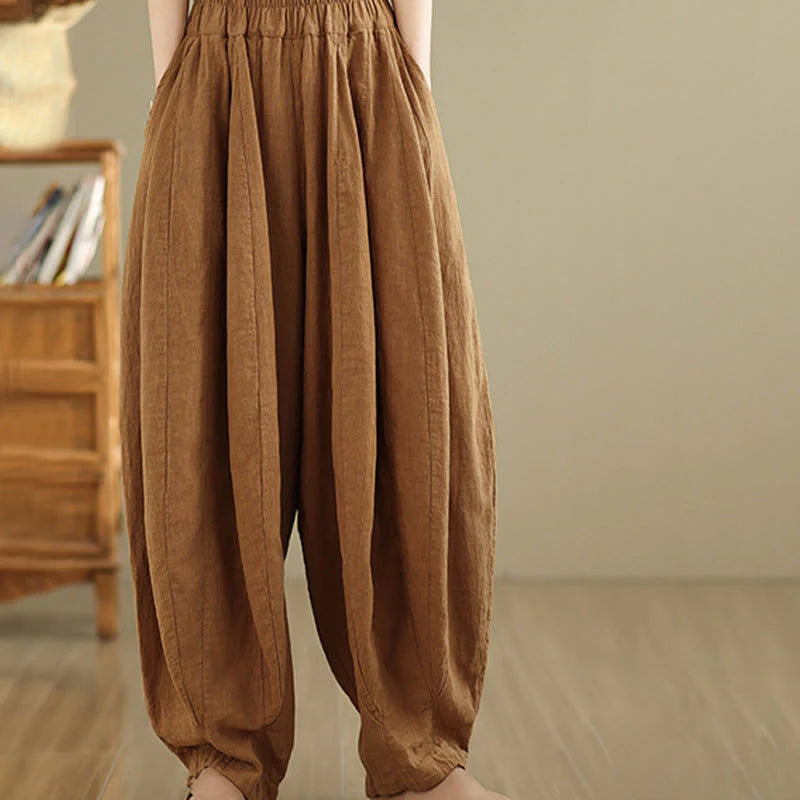 Buddha Stones Vintage Patchwork Lantern Design Cotton Linen Women's Wide Leg Pants With Pockets