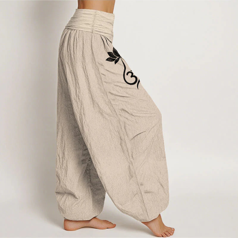 Buddha Stones Cotton Lotus Flower Om Pattern Women's Elastic Waist Harem Pants