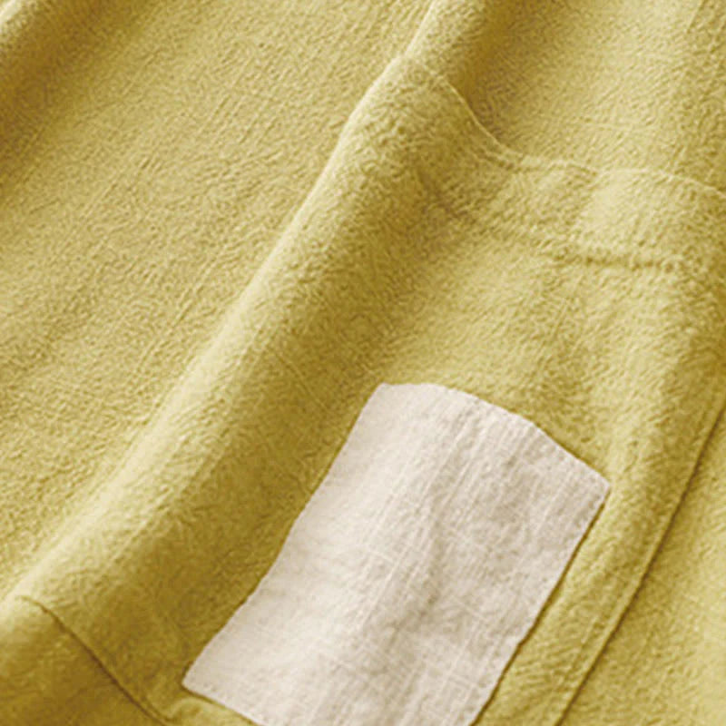 Buddha Stones Colorblock Side Slit  Frog-Button Cotton Linen Half Sleeve Women's Shirt With Pockets