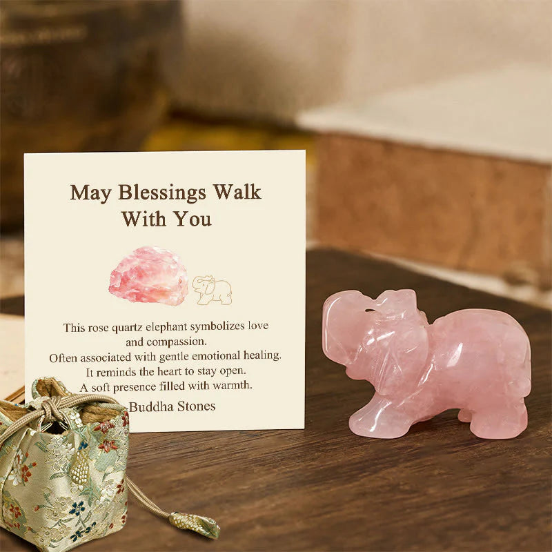 Buddha Stones ''May Blessings Walk With You'' Natural Small Elephant Amazonite Amethyst Jade Black Obsidian Stone Decoration Includes Gift Message Card