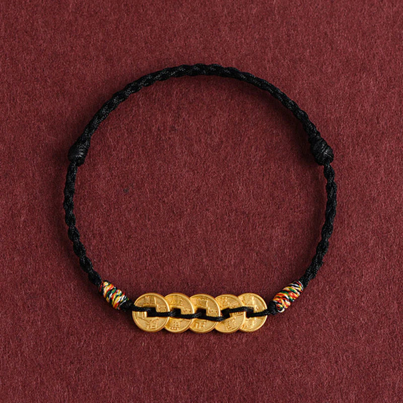 Buddha Stones Five Copper Coins Design Braided String Protection Bracelet Anklet