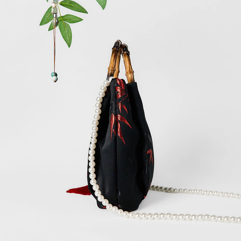 Buddha Stones Polyester Cotton Embroidery Leaves Bamboo Handle Pearl Crossbody Bag Hangbags