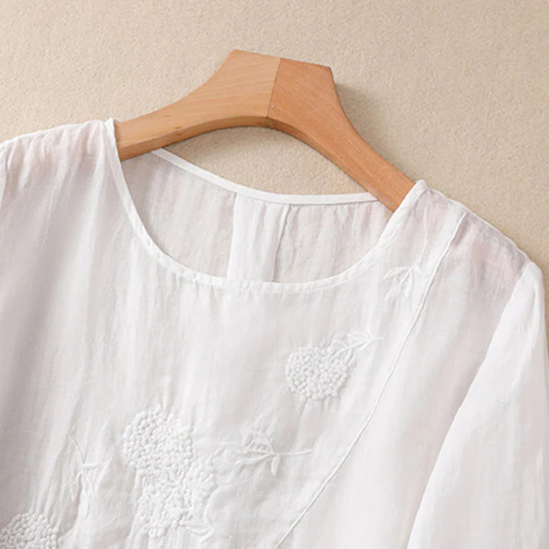 Buddha Stones Embroidered Flower Crew Neck Design Women's Cotton Linen Half Sleeve Shirt
