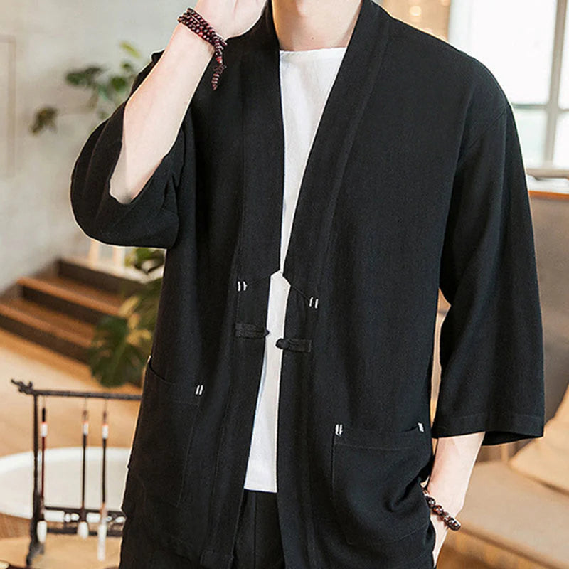 Buddha Stones Plain Chinese Frog-Button Jacket Cotton Linen Men's Three Quarter Sleeve Kimono