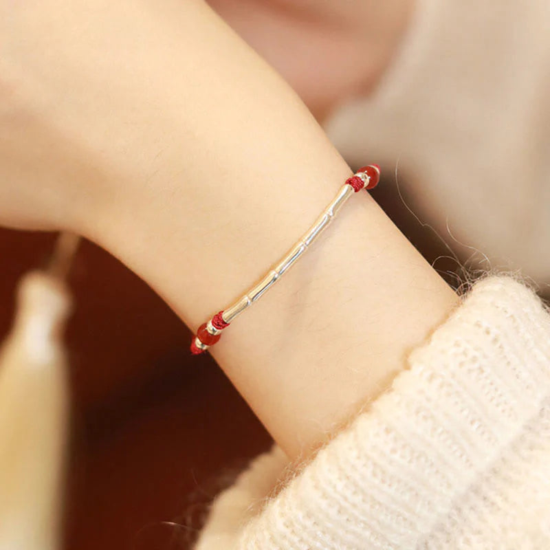 Buddha Stones 925 Sterling Silver Bamboo White Agate Red Agate Bead Protection String Braided Bracelet