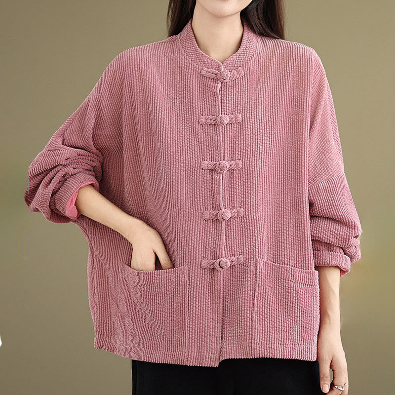 Buddha Stones Frog-button Stand Collar Women's Corduroy Jacket