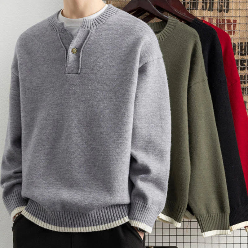 Buddha Stones Winter V-Neck One Button Design Warm Men's Long Sleeve Knitted Sweater