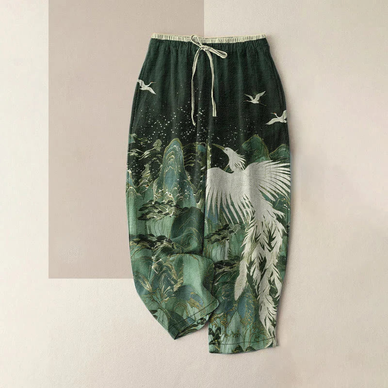 Buddha Stones Pure Cotton Auspicious Landscape Crane Pattern Women's Elastic Waist Pants With Pockets