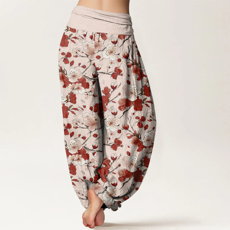 Buddha Stones Cotton Pink Red Peach Blossoms Design Women's Elastic Waist Harem Pants