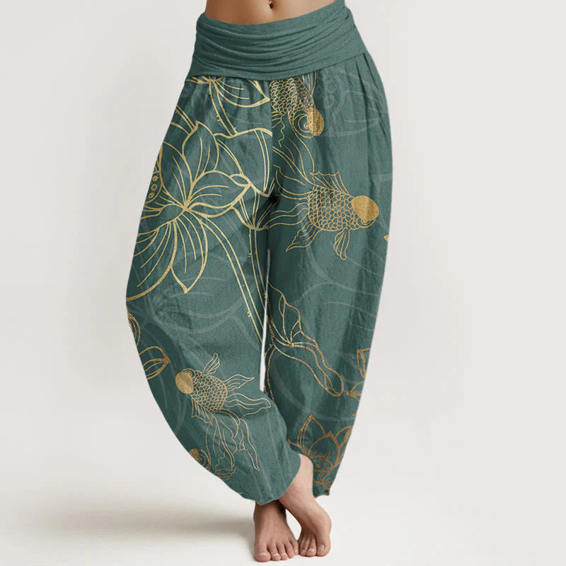 Buddha Stones Cotton Lotus Leaf Koi Fish Women's Elastic Waist Harem Pants