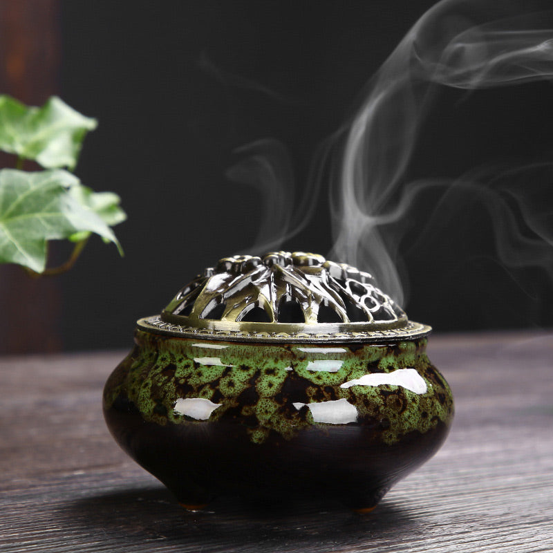 Buddha Stones Flower Pattern Ceramic Blessing Meditation Incense Burner Decoration