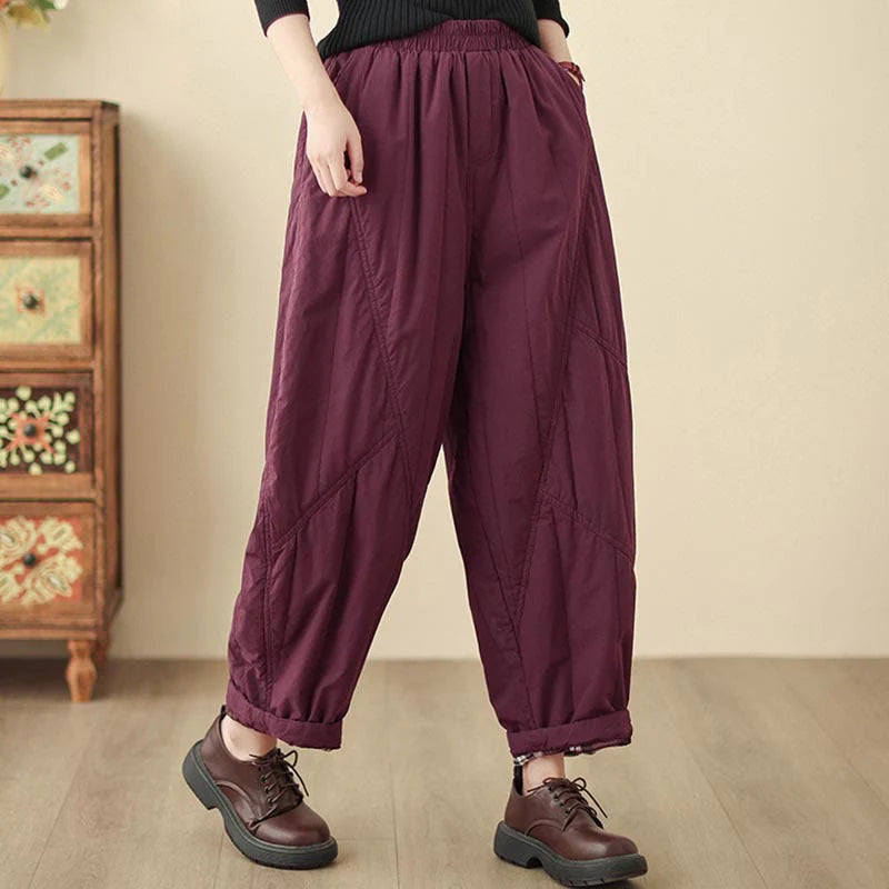 Buddha Stones Winter Plain High Waist Cotton Women's Harem Thermal Elastic Waist Pants With Pockets