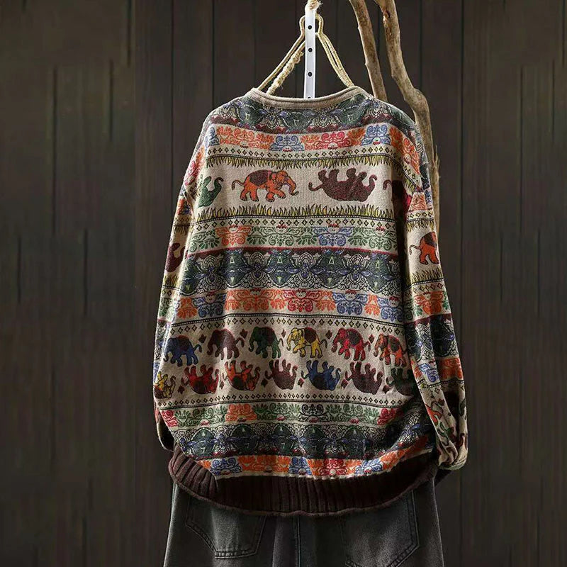 Buddha Stones Fall Elephant Pattern Knitted Cotton Women's Long Sleeve Sweater With Pockets