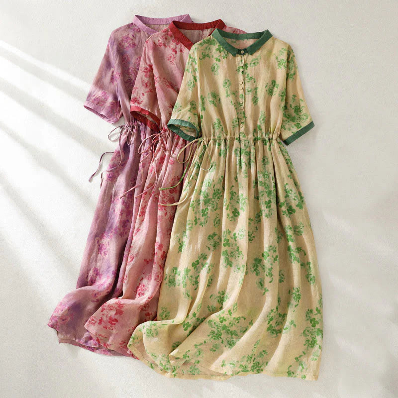Buddha Stones Printing Buttons Drawstring High Waist Short Sleeve Cotton Midi Dress With Pockets