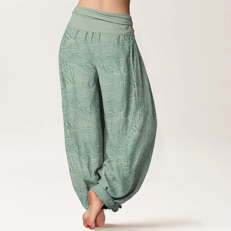 Buddha Stones Pure Cotton Fu Character Ocean Waves Women's Elastic Waist Harem Pants