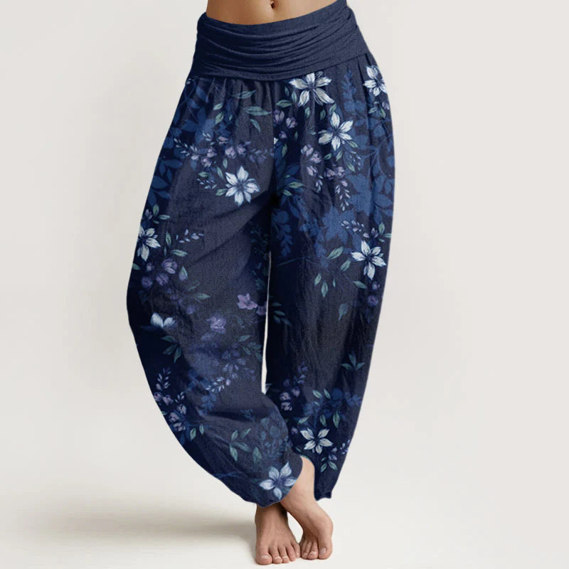 Buddha Stones Cotton Small White Blossoms Green Leaves Women's Elastic Waist Harem Pants