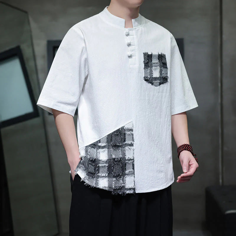 Buddha Stones Summer Vintage Color Contrast Patchwork Design Stand Collar Men's Half Sleeve Cotton Shirt With Pocket