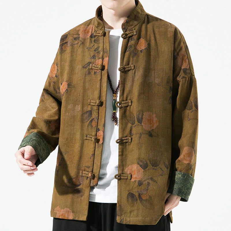 Buddha Stones Spring Printed Floral Pattern Men's Chinese Frog-button Long Sleeve Cotton Jacket