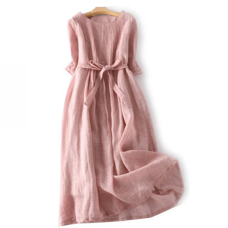 Buddha Stones Casual Lace-up Plain Crew Neck Half Sleeve Midi Dress With Pockets