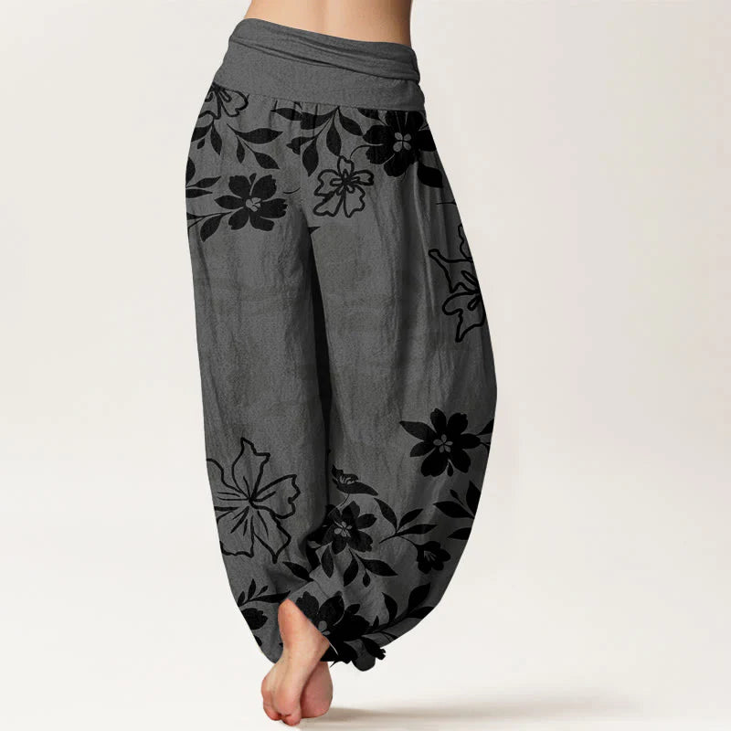 Buddha Stones Cotton Retro Simple Flowers Leaves Pattern Women's Elastic Waist Harem Pants