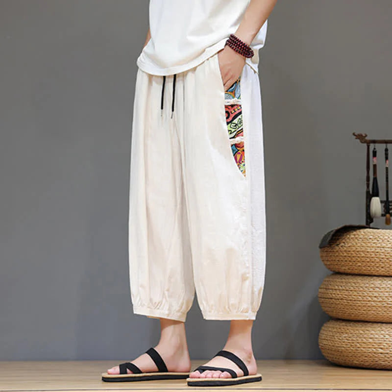 Buddha Stones Summer Tribal Side Stripe Drawstring Waist Men's Capri Tapered Pants With Pockets