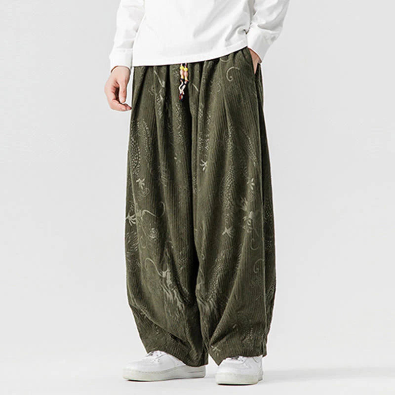 Buddha Stones Winter Dragon Phoenix Pattern Cotton Corduroy Men's Harem Pants With Pockets