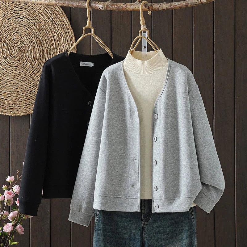 Buddha Stones Simple Plain V-Neck Buttons Down Design Women's Cotton Long Sleeve Jacket