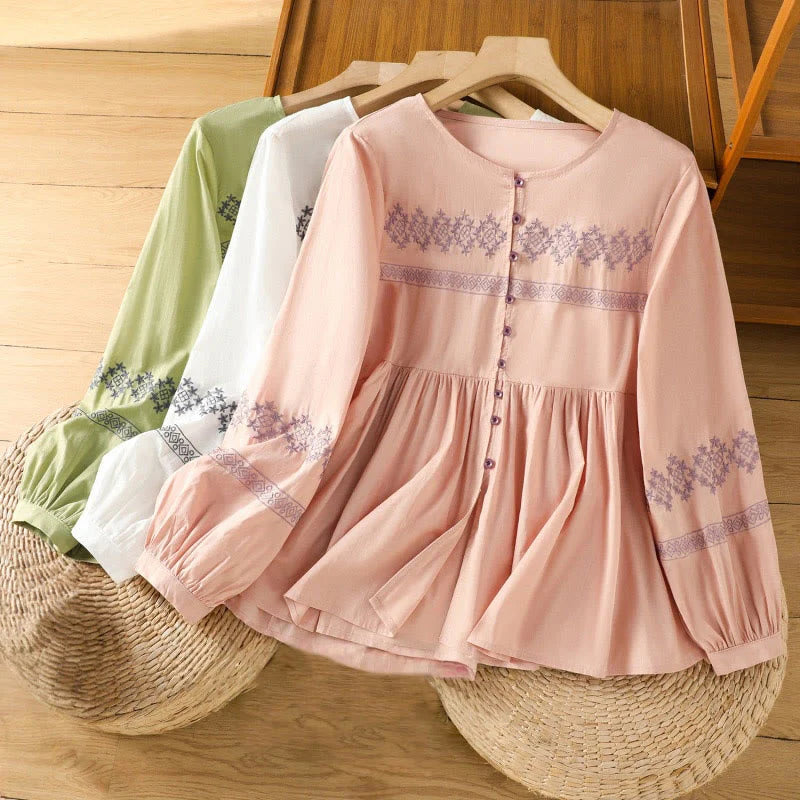 Buddha Stones Embroidery Pleated Buttons Long Lantern Sleeve Women's Cotton Shirt