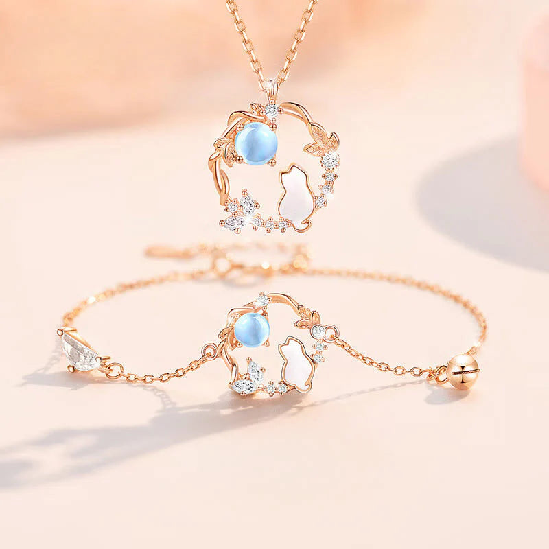 Buddha Stones 925 Sterling Silver Cat Flower Blessing Earrings Bracelet Necklace Pendant