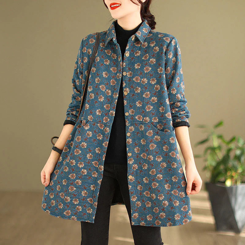 Buddha Stones Fall Winter Buttons Flower Patterns Long Sleeve Cotton Women's Jacket With Pockets