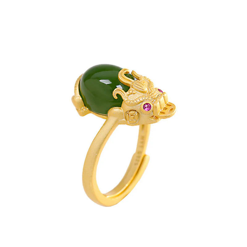 Buddha Stones 18k Gold-plated Pixiu Jade Wealth Ring (Extra 35% Off | USE CODE: FS35)