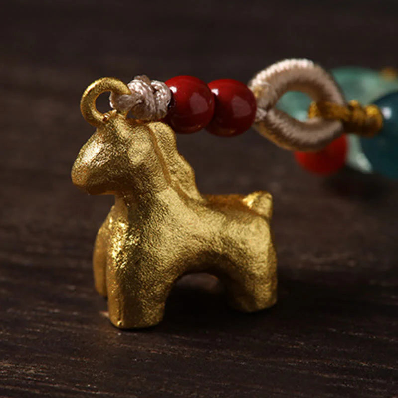 Buddha Stones Year of the Horse Copper Cinnabar Blue Chalcedony Red Agate Liuli Luck Phone Hanging Decoration
