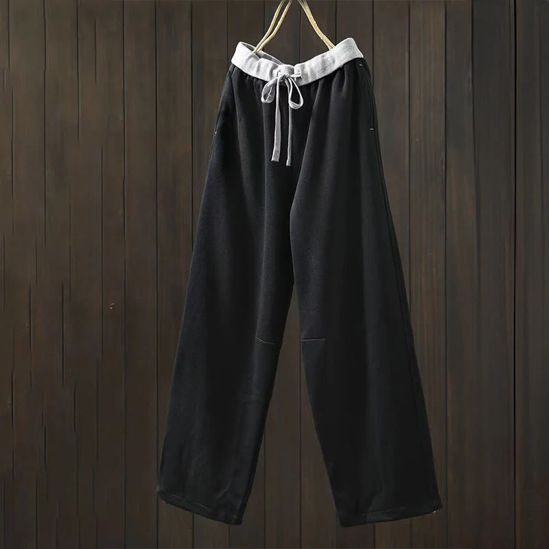 Buddha Stones Fall Solid Color-Blocked Women's Cotton Pants With Pockets