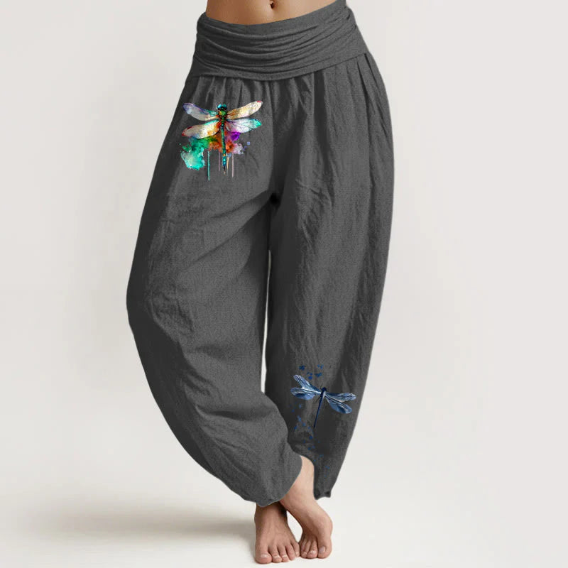 Buddha Stones Pure Cotton Dreamy Dragonfly Pattern Women's Elastic Waist Harem Pants
