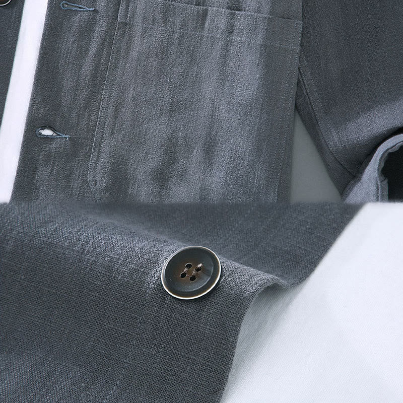 Buddha Stones Commute Plain Long Sleeve Button Lapel  Design Men's Ramie Linen Jacket With Pockets