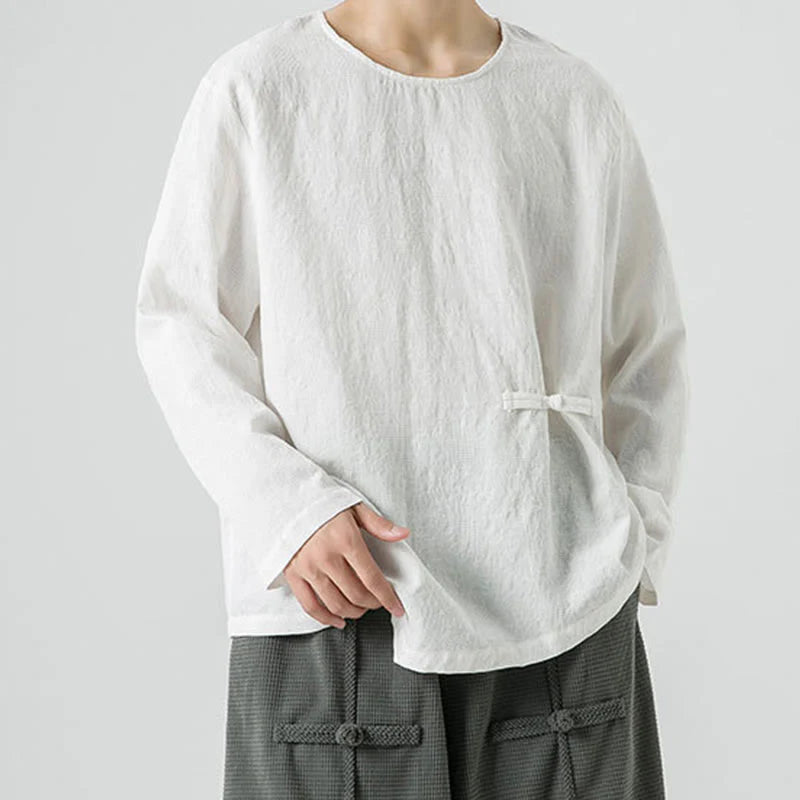 Buddha Stones Men's Chinese Frog-Button Plain Design Cotton Long Sleeve T-Shirt Zen Clothing