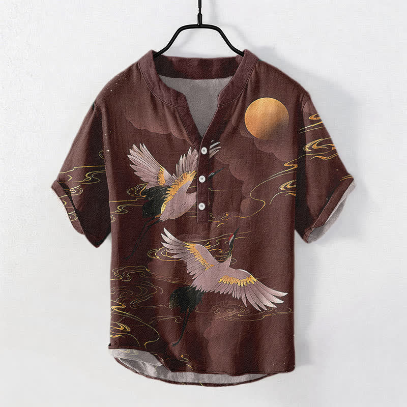 Buddha Stones Cotton Full Moon Crane Pattern Men's Short Sleeve Half Button Shirt