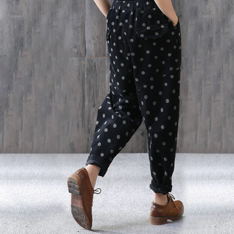 Buddha Stones Women's Fall Commute Printing Dot Pattern Corduroy Harem Pants With Pockets