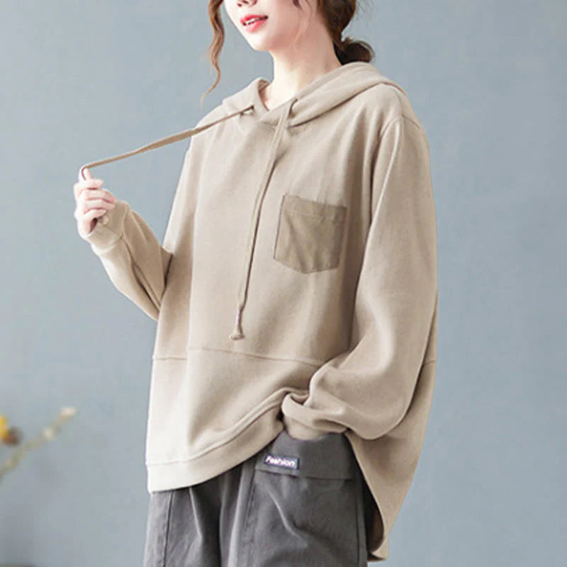 Buddha Stones Fall Solid Color Decorative Pocket Cotton Long Sleeve Women's Hoodie