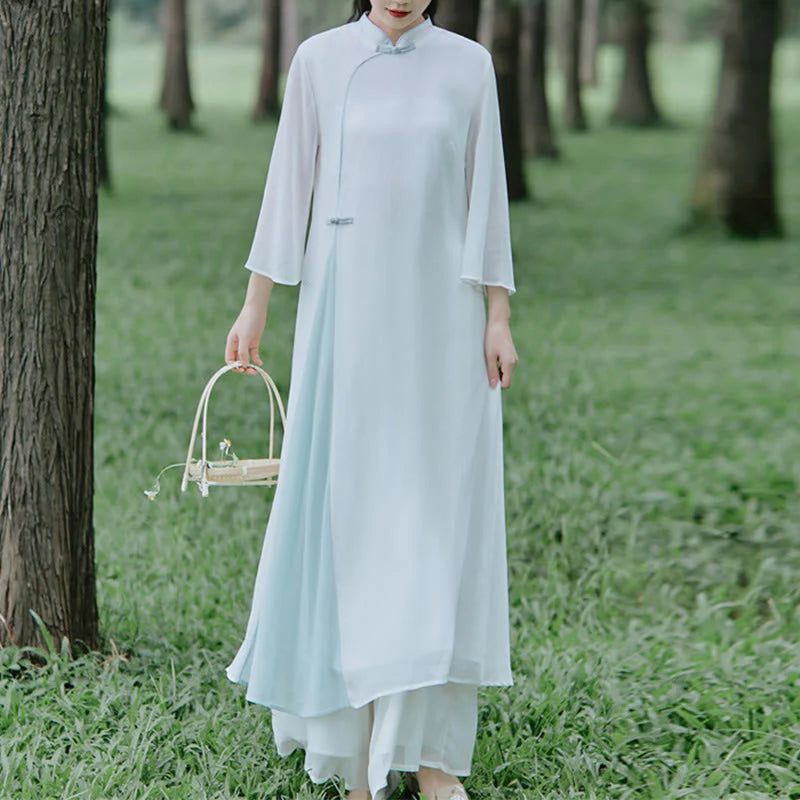 Buddha Stones Three Quarter Sleeve Chiffon Cheongsam Midi Dress Wide Leg Pants Meditation Zen Practice Clothing