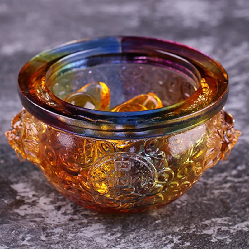 Buddha Stones Handmade Liuli Crystal Treasure Bowl Art Piece Home Decoration