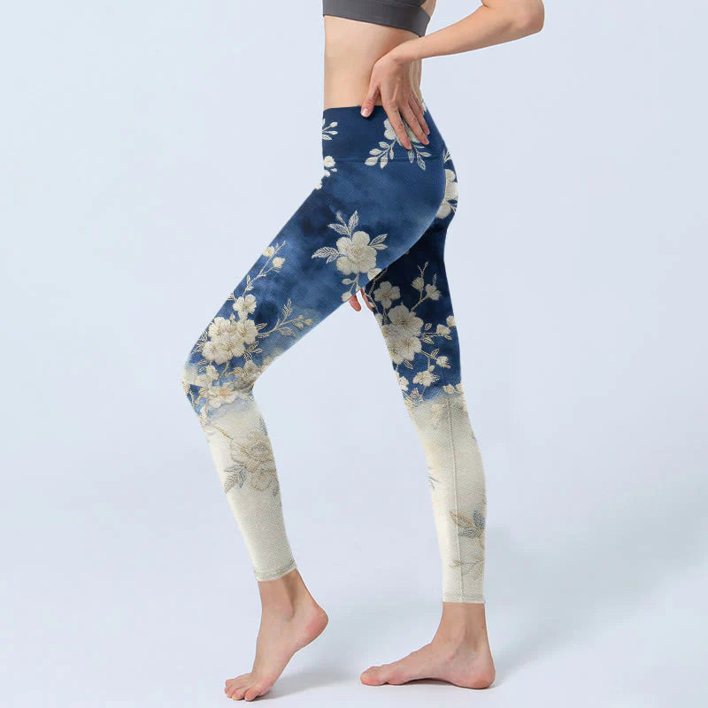 Buddha Stones Elegant Refined Flower Pattern Print Gym Leggings Women's Yoga Pants