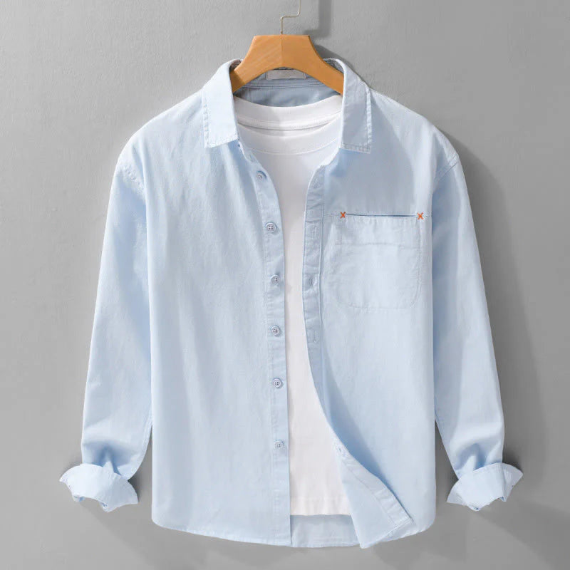 Buddha Stones Spring Solid Buttons Down Decorative Pocket Men's Stand Collar Long Sleeve Cotton Shirt