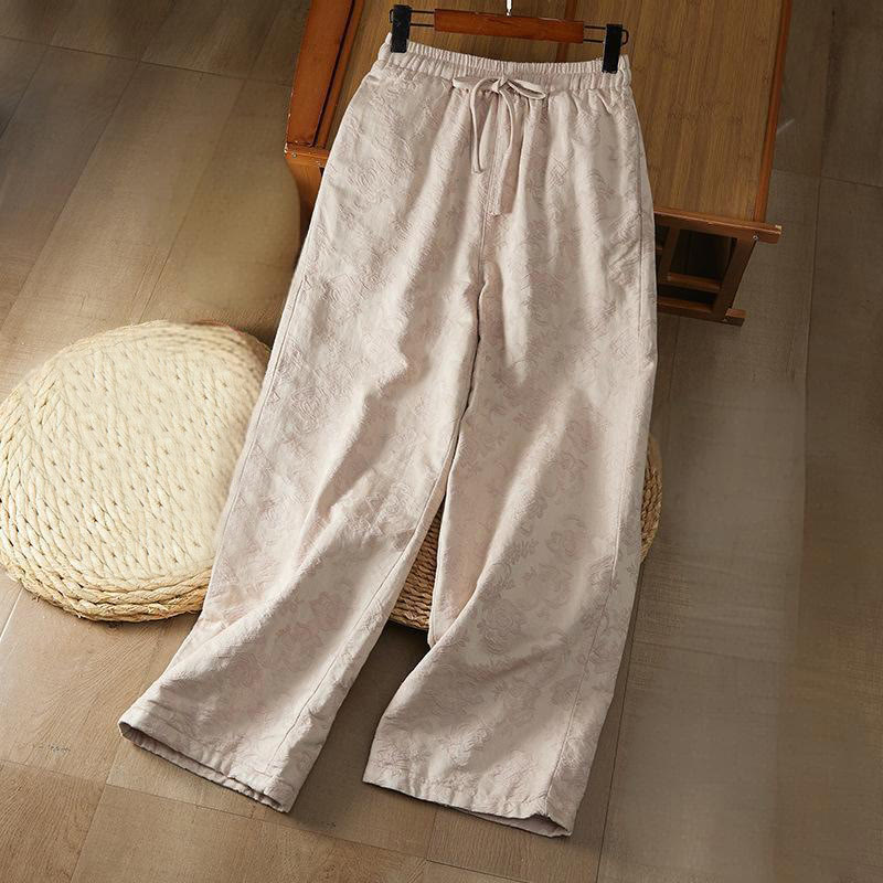Buddha Stones Winter Thermal Jacquard Floral Pattern Women's Wide Leg Cotton Pants With Pockets