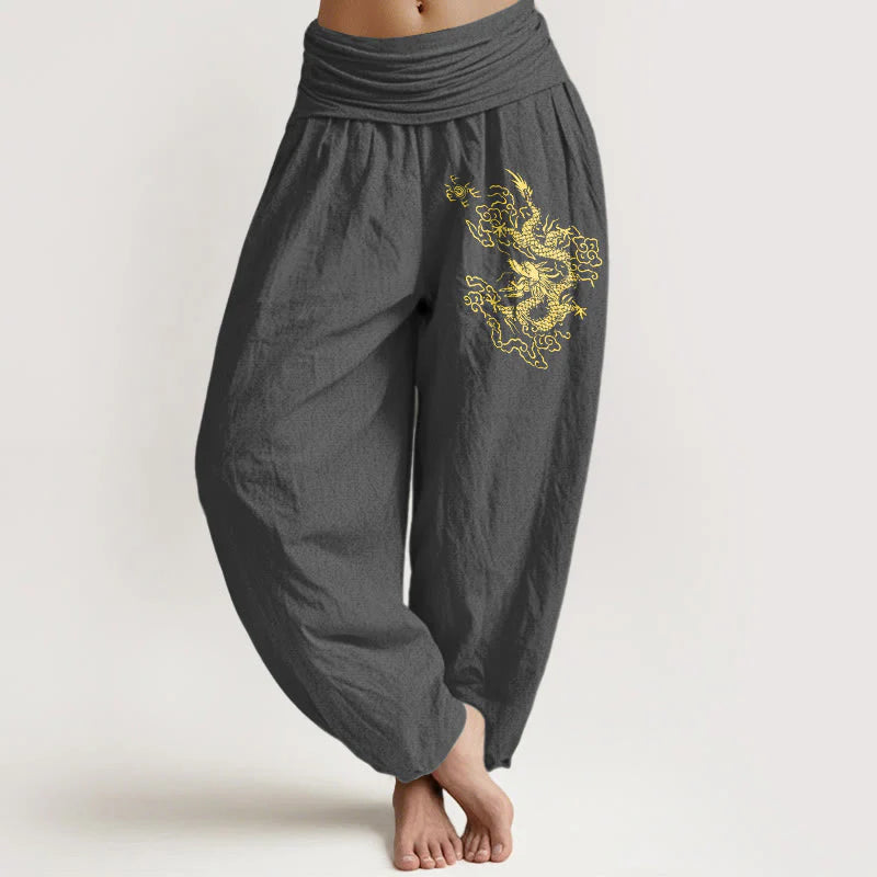 Buddha Stones Golden Dragon Print Pattern Women's Elastic Waist Harem Cotton Pants