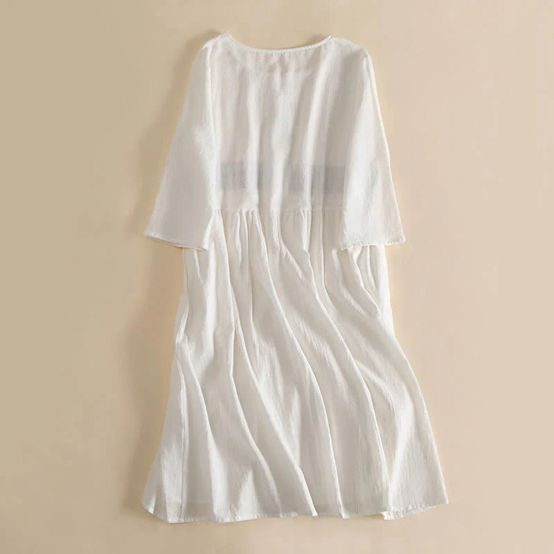 Buddha Stones Embroidery Geometry Half Sleeve Women's Midi Dress With Pockets