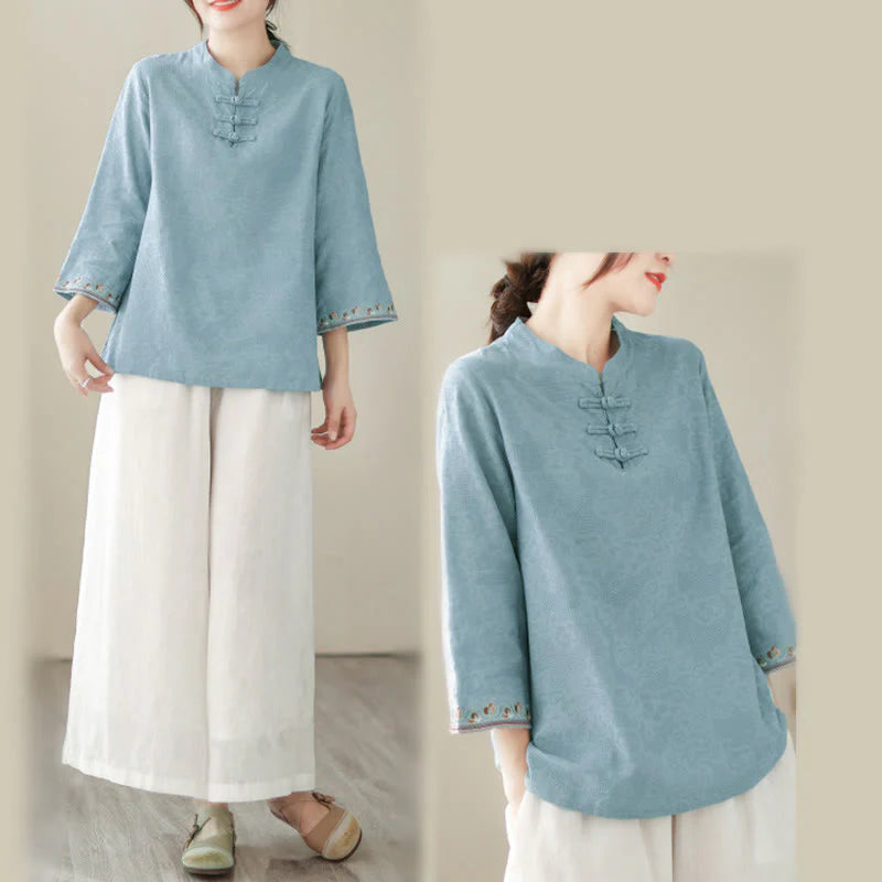 Buddha Stones Jacquard Frog-button Stand Collar Embroidered Three Quarter Sleeve Design Women's Cotton Shirt