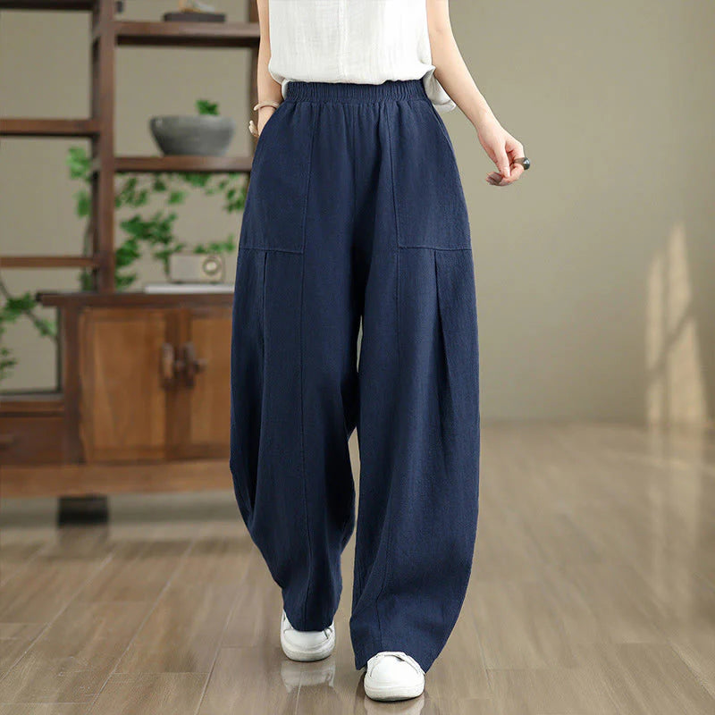 Buddha Stones Solid Color Cotton Linen Women's Straight Leg Pants With Pockets